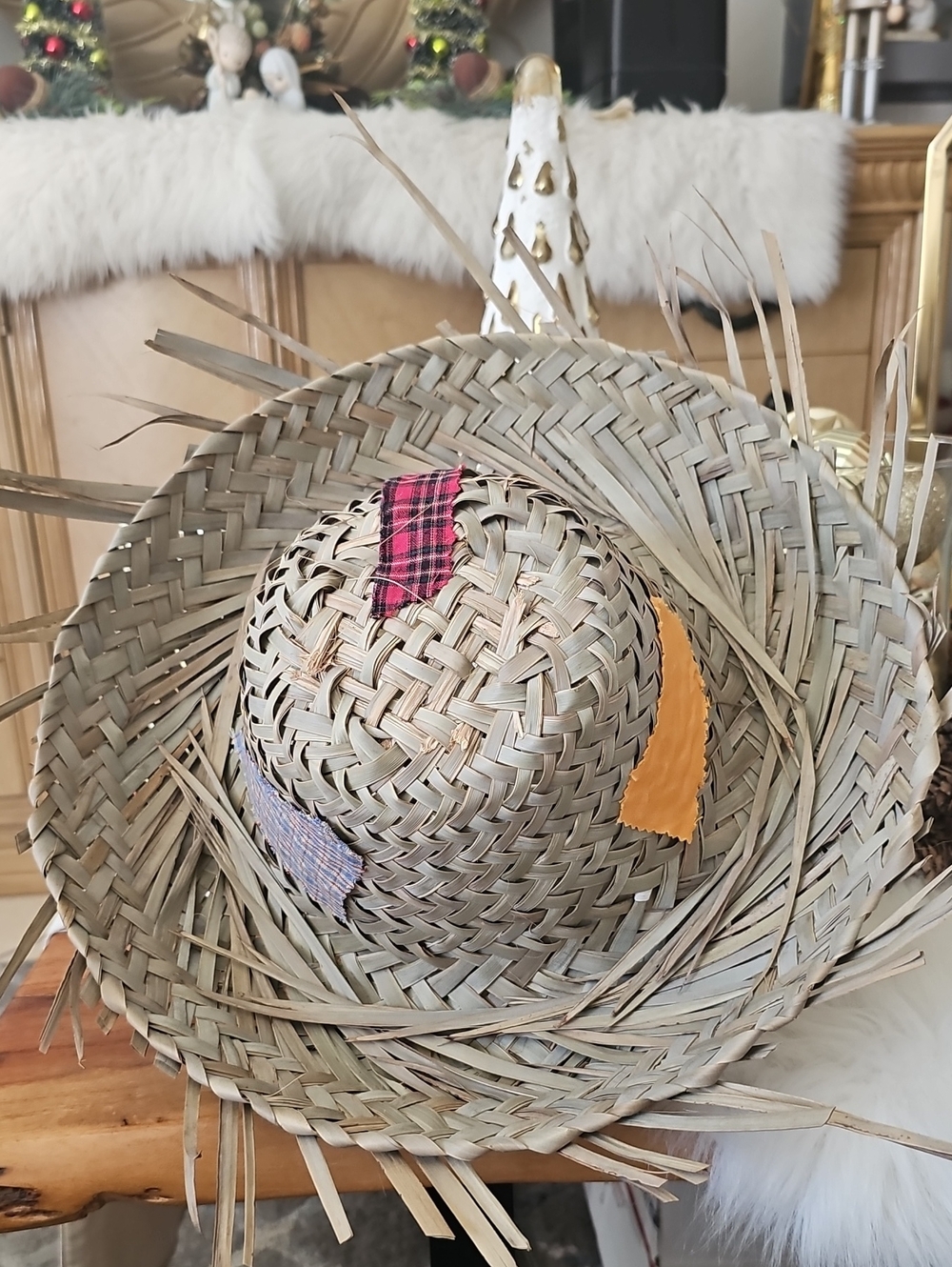 Straw Patchwork Sun Hat - Natural with Orange Blue & Red Plaid For Men And Women